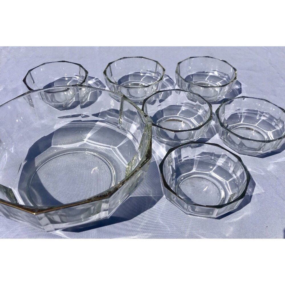Vtg Italian Crystal Decagon Gold Rim MCM Glass Serving Salad Bowl Set 7 Pc Italy